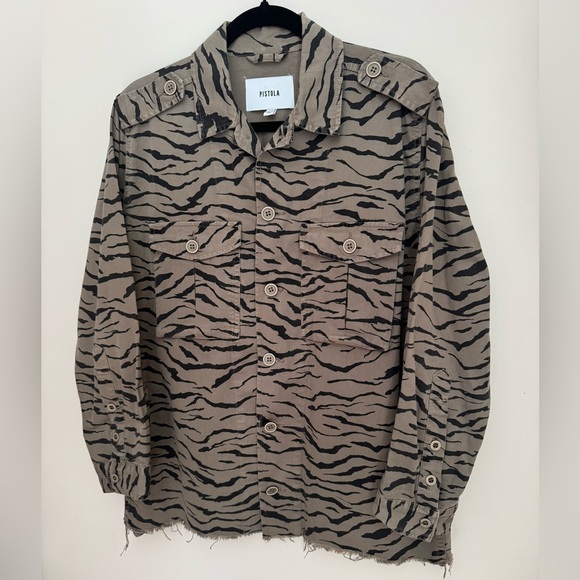 Pistola Tiger Utility Shirt Jacket Medium Animal Print Frayed Hem Anthropologie - Picture 8 of 10